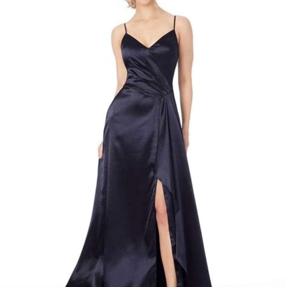 Mori Lee Midnight Blue Satin Maxi Dress